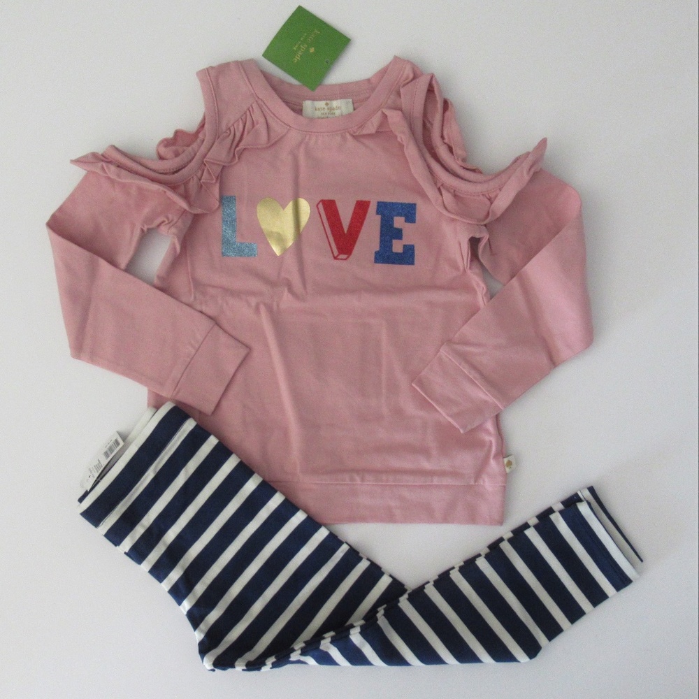 Kate Spade New York Long Sleeve Cold Shoulder "LOVE" Top Navy Striped Leggings